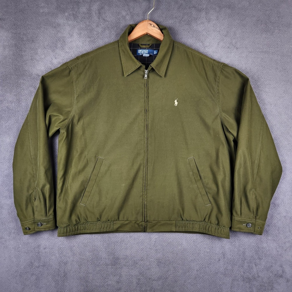 Polo Ralph Lauren Harrington Jacket Mens Large Olive Green Plaid Lined Full Zip